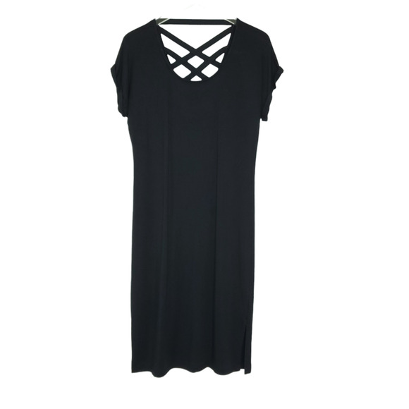 Athleta Crossback Sweatshirt Dress M Black Short Sleeve Side Slits Modal - Picture 3 of 11